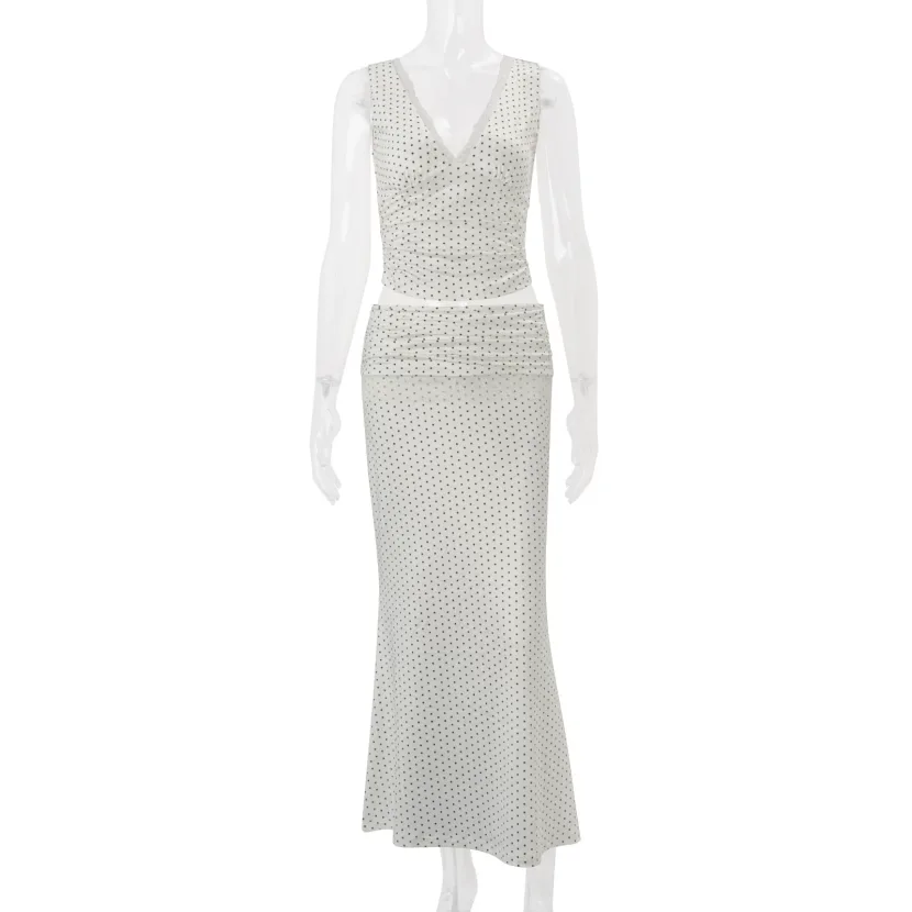 Womens Summer Vacation Set V Neck Sleeveless Polka Dot Top Long Skirt Stylish Comfortable Wholesale Available