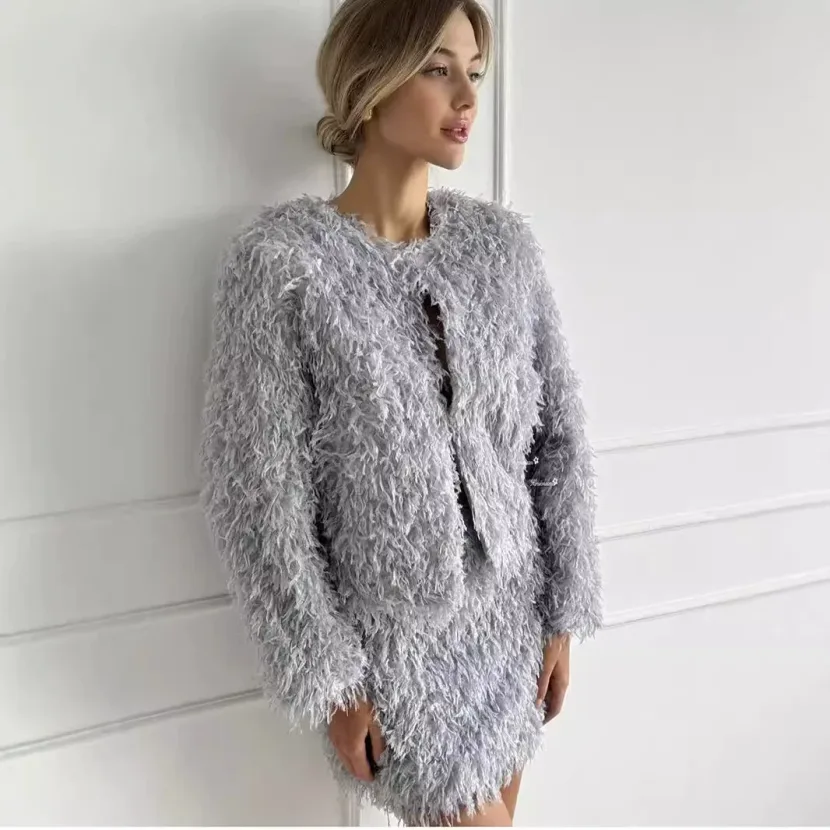 Fringe Jacket Set for Women Elegant Short Top and Skirt Casual Autumn Winter Fashion