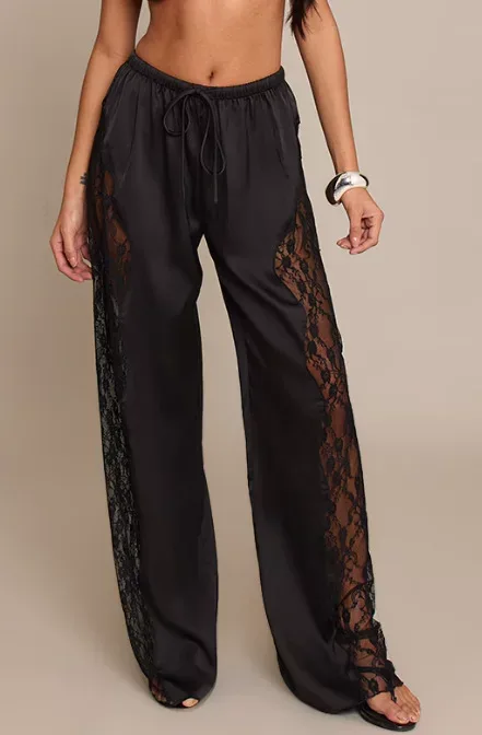 Womens Satin Lace Loose Fitting Floor Length Pants Solid Color Fashionable Elegant Design Perfect for Parties and