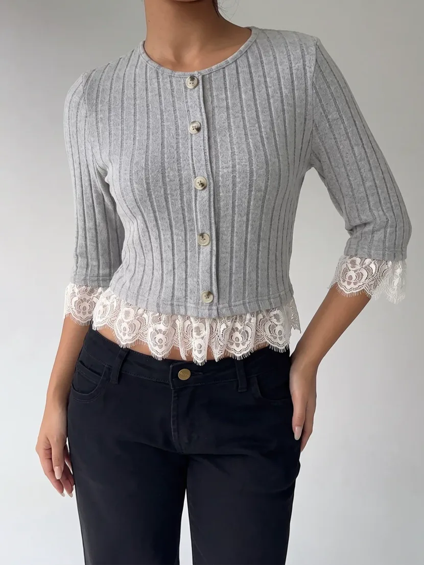 Gray Knit Top for Women Lace Panel Slim Fit Versatile Style Perfect for Casual Wear or Layering Wholesale Available