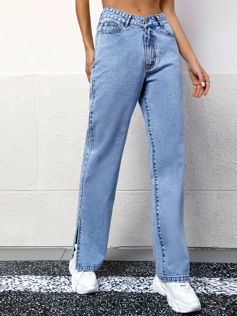 Casual Womens Straight Leg Denim Jeans Boyfriend Style Blue Color ready to ship
