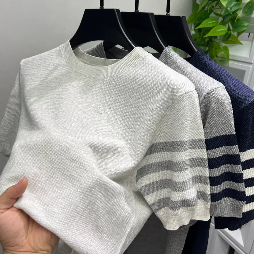 Mens Short Sleeve Striped Knitted T Shirt with Breathable Fabric in Multiple Colors and Sizes Mens Short Sleeve Striped Knitted T Shirt with Breathable Fabric in Multiple Colors and Sizes