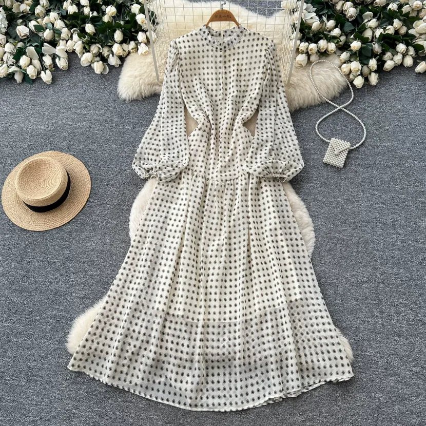 French Style High End Stand Collar Lantern Sleeve Polka Dot Dress Waist Defining Slim Fit Elegant Long Dress Autumn