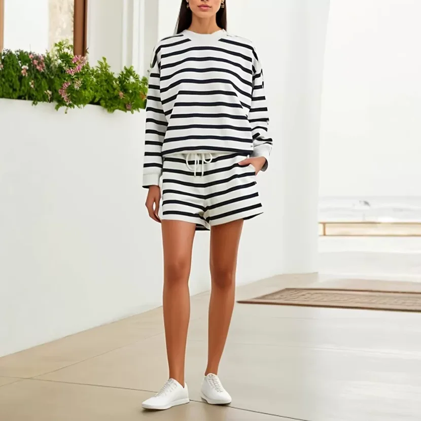 Womens Casual Striped Color Block Sweatshirt Set Loose Fit Long Sleeve Round Neck Top with Shorts Spring Autumn Wholesale