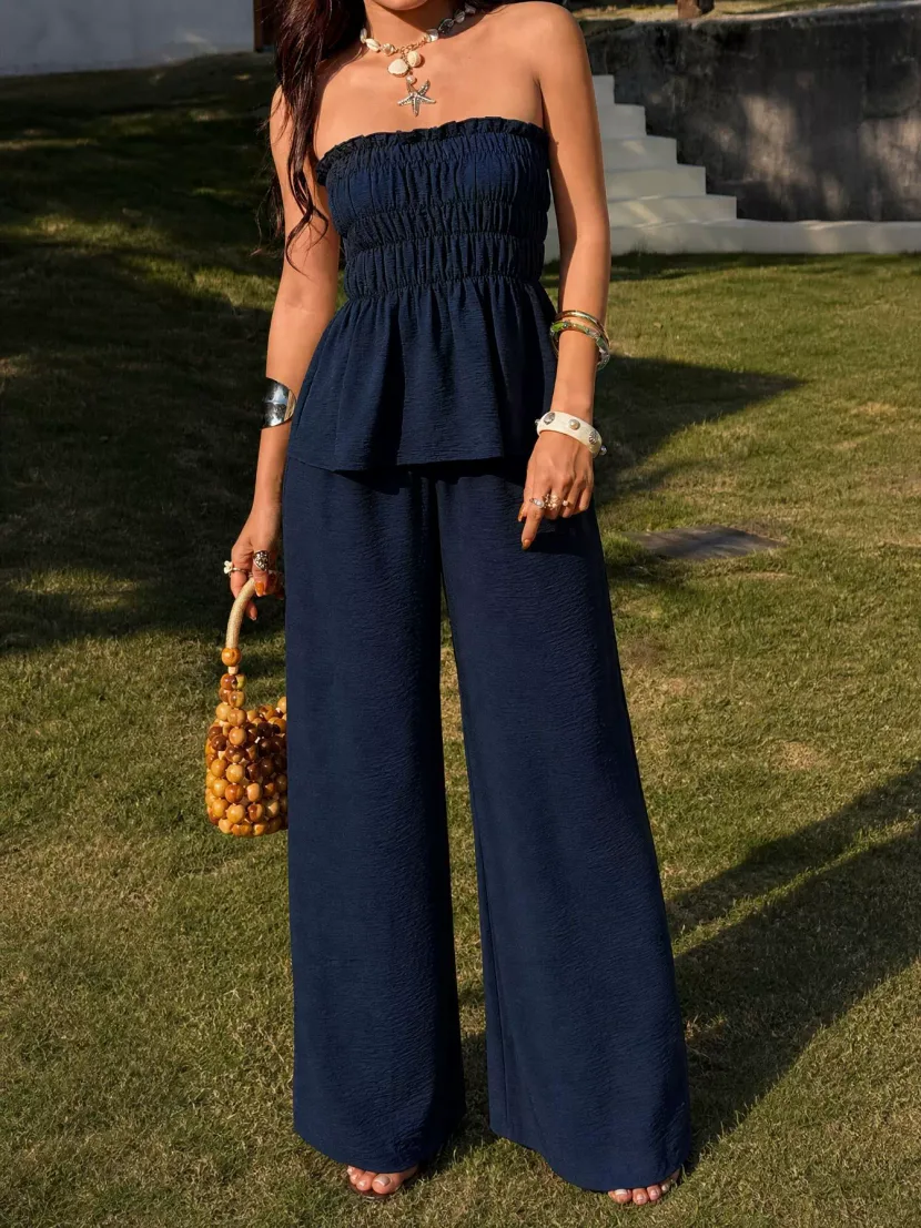 Off Shoulder Crop Top and Wide Leg Pants Set for Women Slim Fit Casual Style Available in Blue Wholesale Sizes S to XL Off Shoulder Crop Top and Wide Leg Pants Set for Women Slim Fit Casual Style Available in Blue Wholesale Sizes S to XL