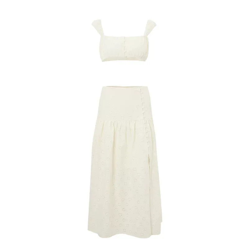 French Style Crop Top and High Waisted Skirt Set Slim Fit Sleeveless Beach Vacation Ready Wholesale Available French Style Crop Top and High Waisted Skirt Set Slim Fit Sleeveless Beach Vacation Ready Wholesale Available