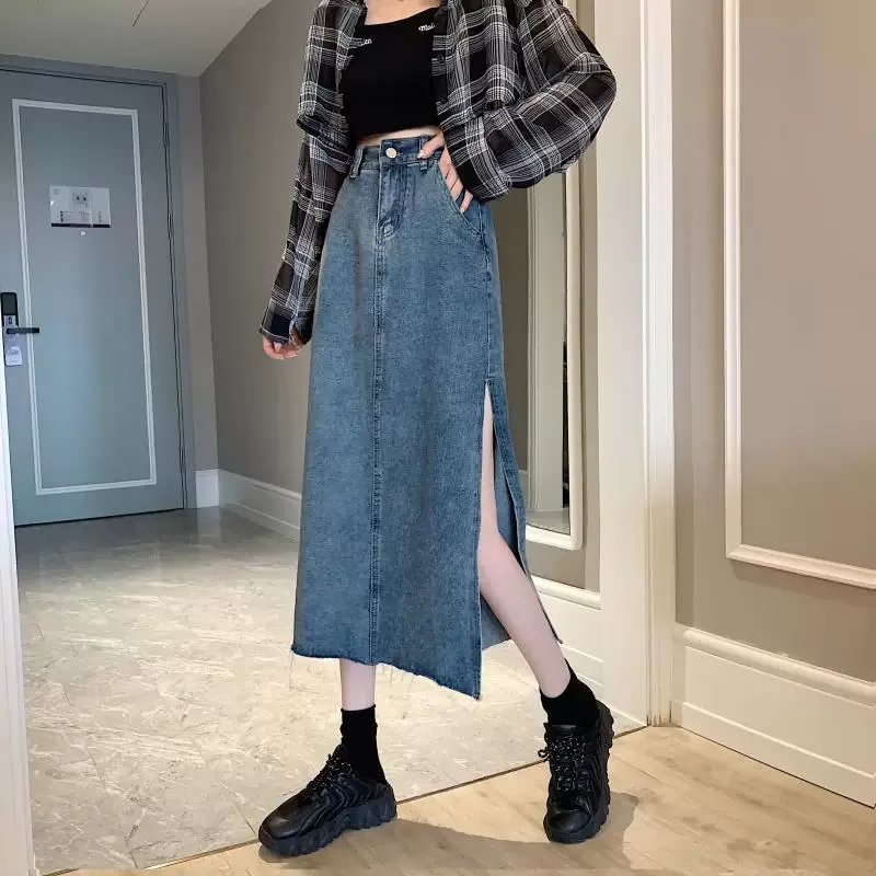High Waist A Line Denim Skirt Vintage Style Mid Length with Asymmetrical Slit Casual Summer Wear