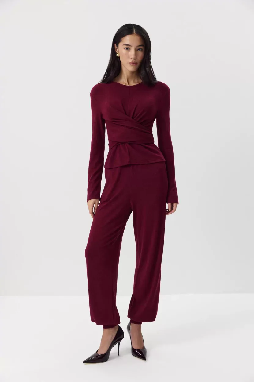 Womens Casual Two Piece Set Soft Modal Fabric Drawstring Waist Top and Jogger Pants Available in Red and Gray
