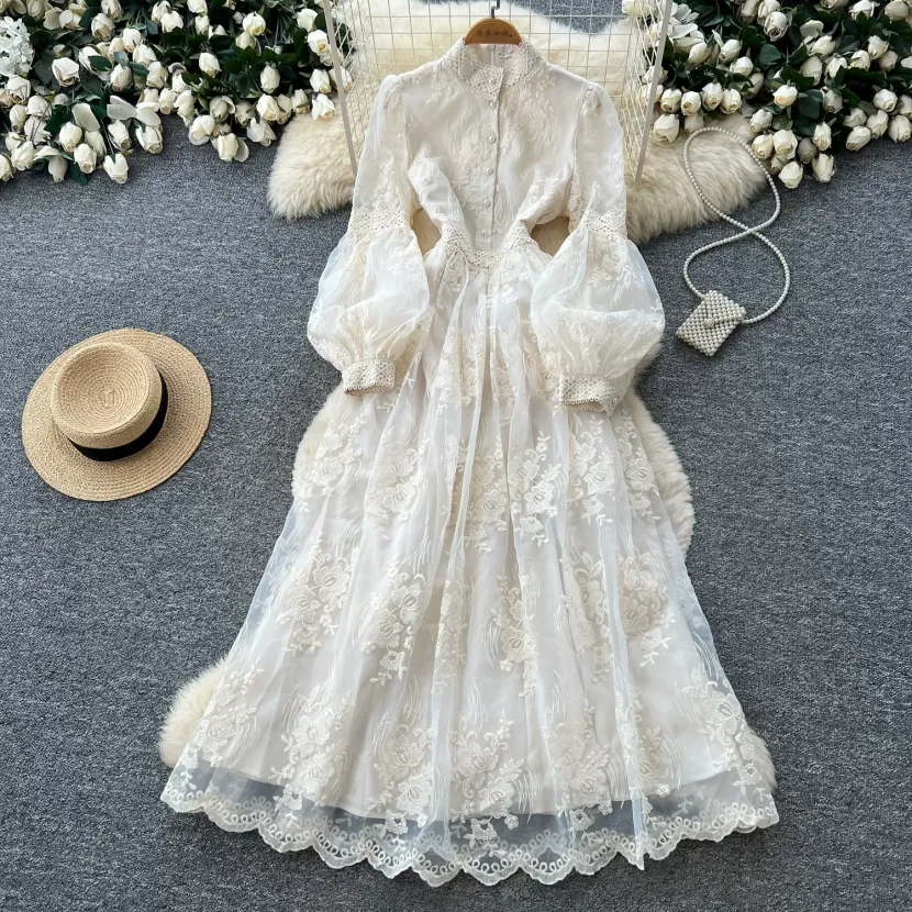 French Court Style Embroidered Lace Dress Puff Sleeves High Neck Waist Tie Elegant Long Dress for Autumn Wholesale