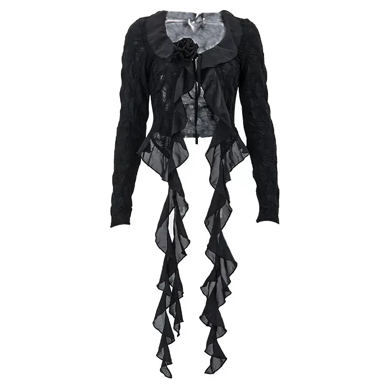 Sheer Mesh Long Sleeve Cardigan Ruffled V Neck Tie Front Flared Hem Spring Fashion Layering Wholesale Available