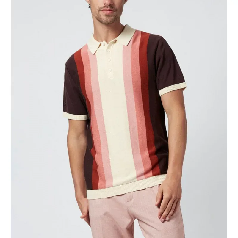 Mens Striped Knitted Polo Shirt Short Sleeve Stand Collar Polyester Available in Red and Green Sizes M to XXXL