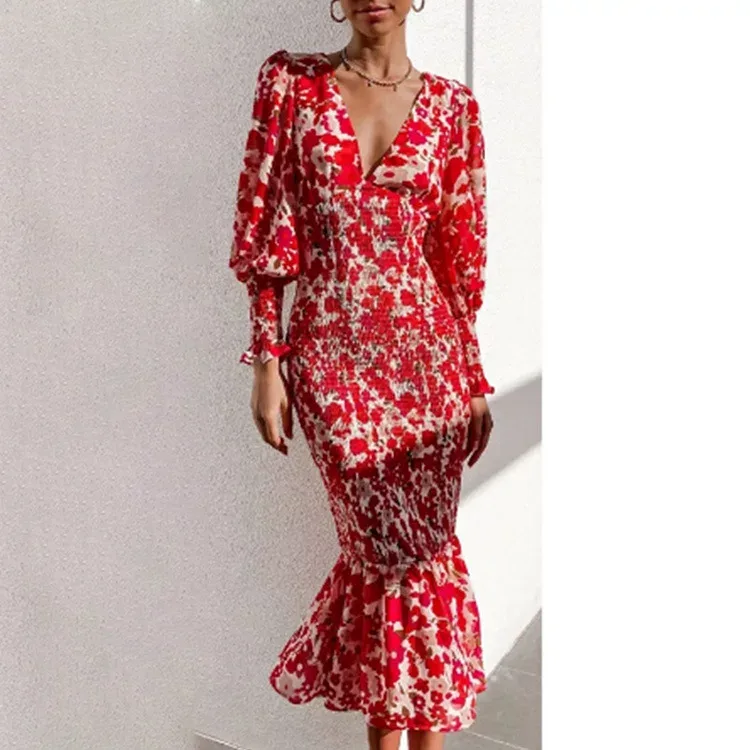 Elegant Womens Dress with Long Sleeves High Waist V Neck in Polyester Available in Multiple Colors and Sizes