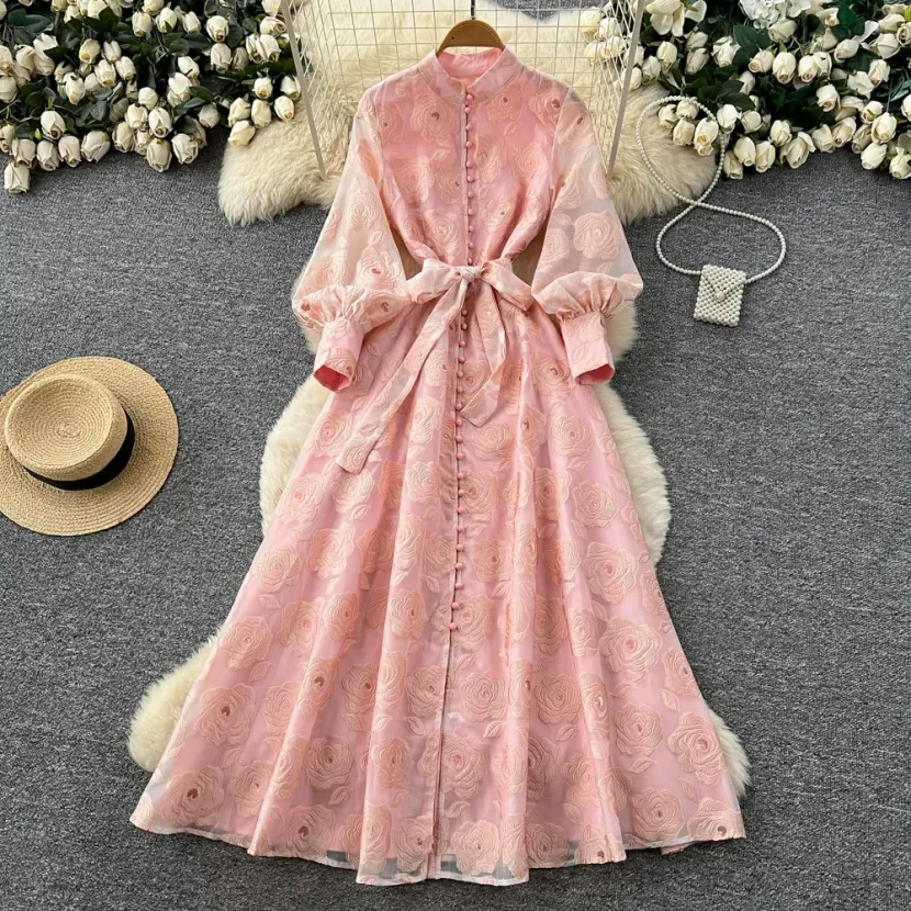 French Romantic Style Embroidered A Line Dress Lantern Sleeves High Collar Waist Defining Elegant Long Dress