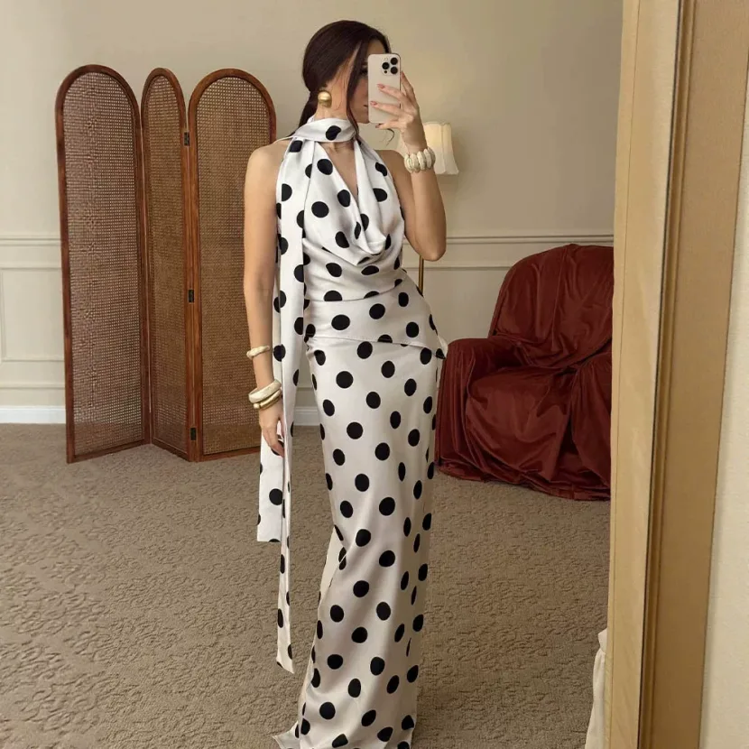 Womens Summer Two Piece Set Polka Dot Print V Neck Sleeveless Top and Midi Skirt Casual Fashion