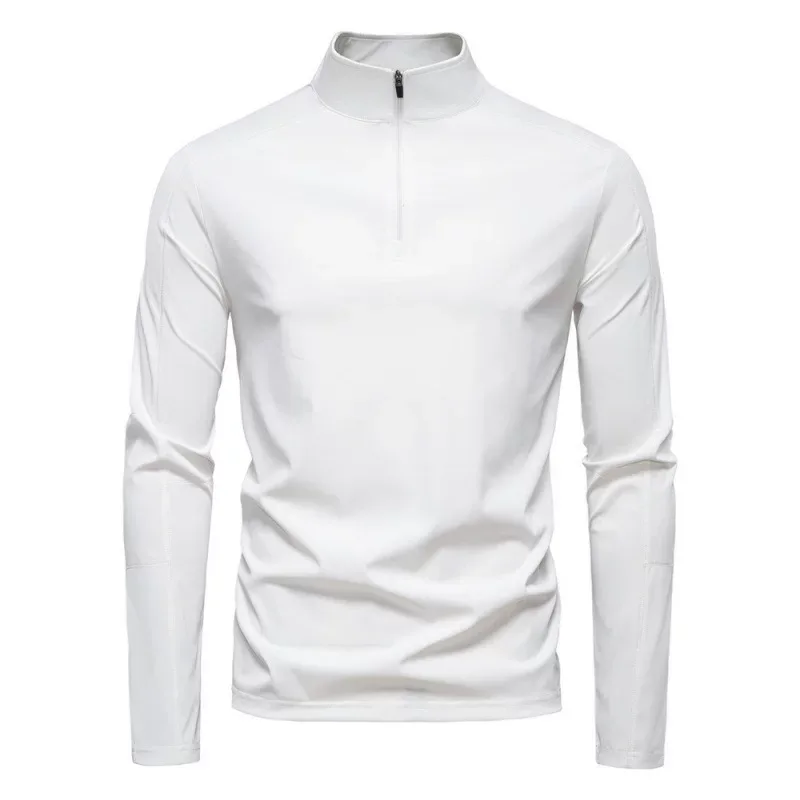 Mens Casual Long Sleeve T Shirt Slim Fit Stand Collar Breathable Polyester Solid Pattern UPF 100 Protection