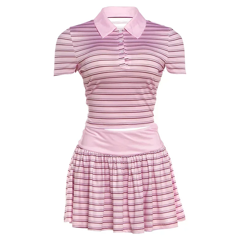 Striped Button Up T Shirt and Low Waist Ruffled Skirt Set for Women Summer Casual Wear Available in Pink and Apricot Striped Button Up T Shirt and Low Waist Ruffled Skirt Set for Women Summer Casual Wear Available in Pink and Apricot