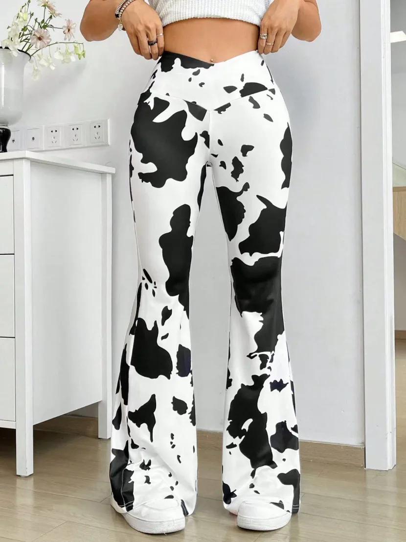 Cow Print High Waist Flare Pants for Women Stretchy Fabric Casual Style Available in Sizes S to XL Wholesale Cow Print High Waist Flare Pants for Women Stretchy Fabric Casual Style Available in Sizes S to XL Wholesale