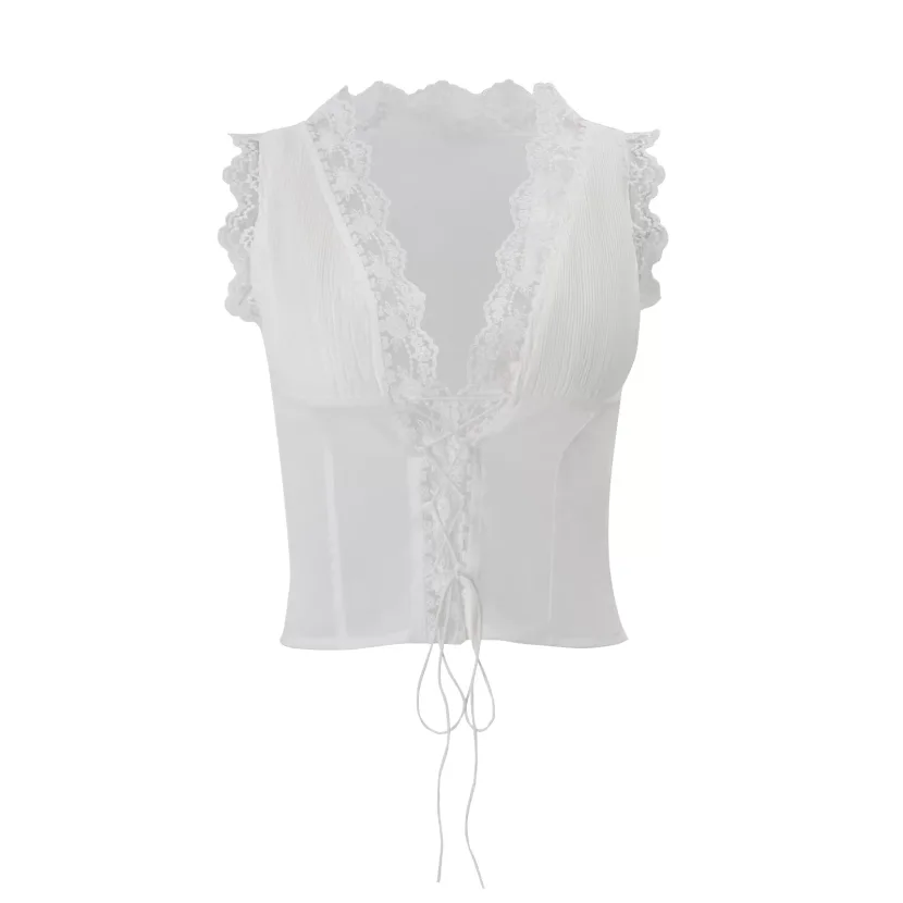 Lace Trim Tie Top and Bodycon Skirt Set for Women Slim Fit Spring Fashion Available in White Wholesale Sizes S M L Lace Trim Tie Top and Bodycon Skirt Set for Women Slim Fit Spring Fashion Available in White Wholesale Sizes S M L