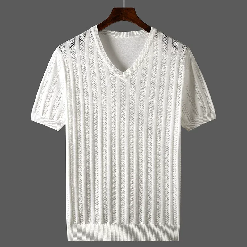 Mens Loose Fit Cotton Knitted Short Sleeve V Neck T Shirt Breathable Summer Top Available in Multiple Colors and Sizes