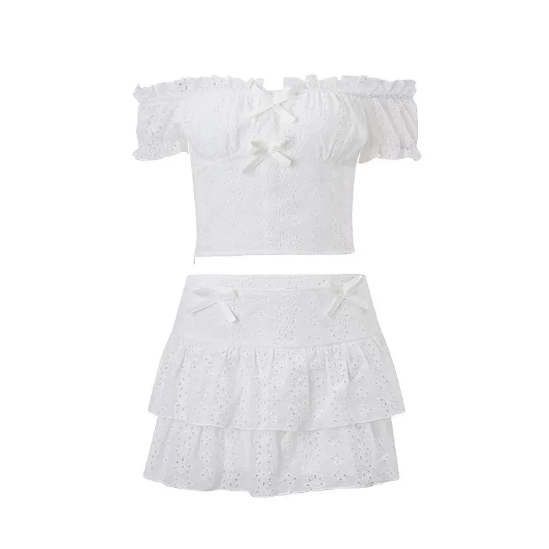 French Style Sweet Puff Sleeve Top and Ruffled Hem Skirt Set Winter Collection Elegant Casual Wear Wholesale Ava