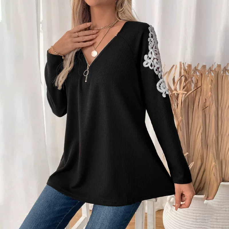 Casual Black Long Sleeve T Shirt for Women with Embroidery and Raglan Sleeves for Autumn Wholesale fast shipping