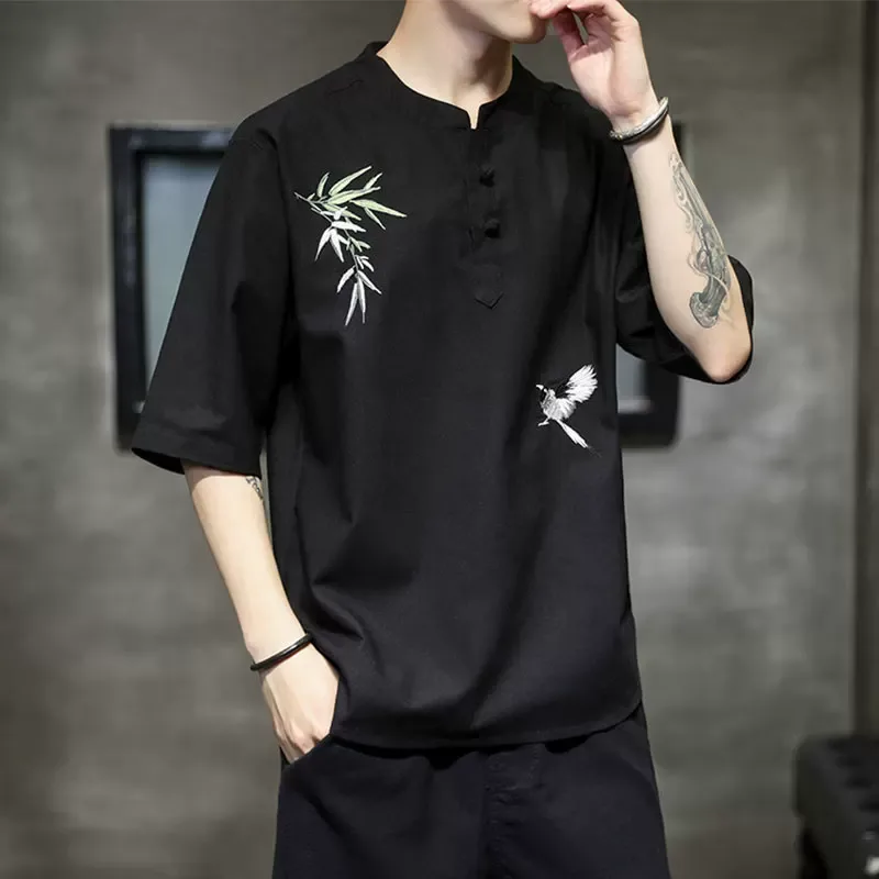 Mens Loose Fit Short Sleeve T Shirt Embroidered Linen Fabric Summer Casual Wear Available in Multiple Sizes and Colors Mens Loose Fit Short Sleeve T Shirt Embroidered Linen Fabric Summer Casual Wear Available in Multiple Sizes and Colors