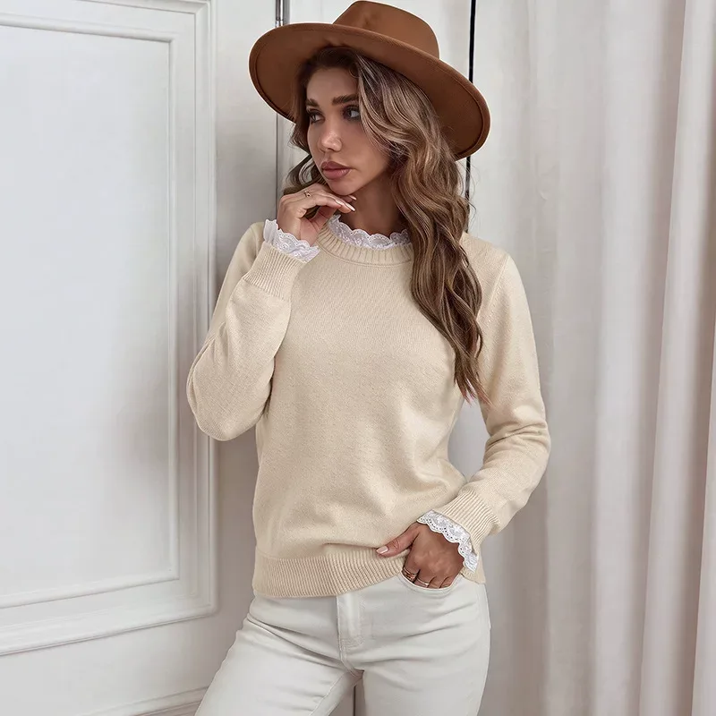 Lace Panel Round Neck Sweater French Style Soft Fabric Solid Color Womens Fashion for Spring Fall Wholesale